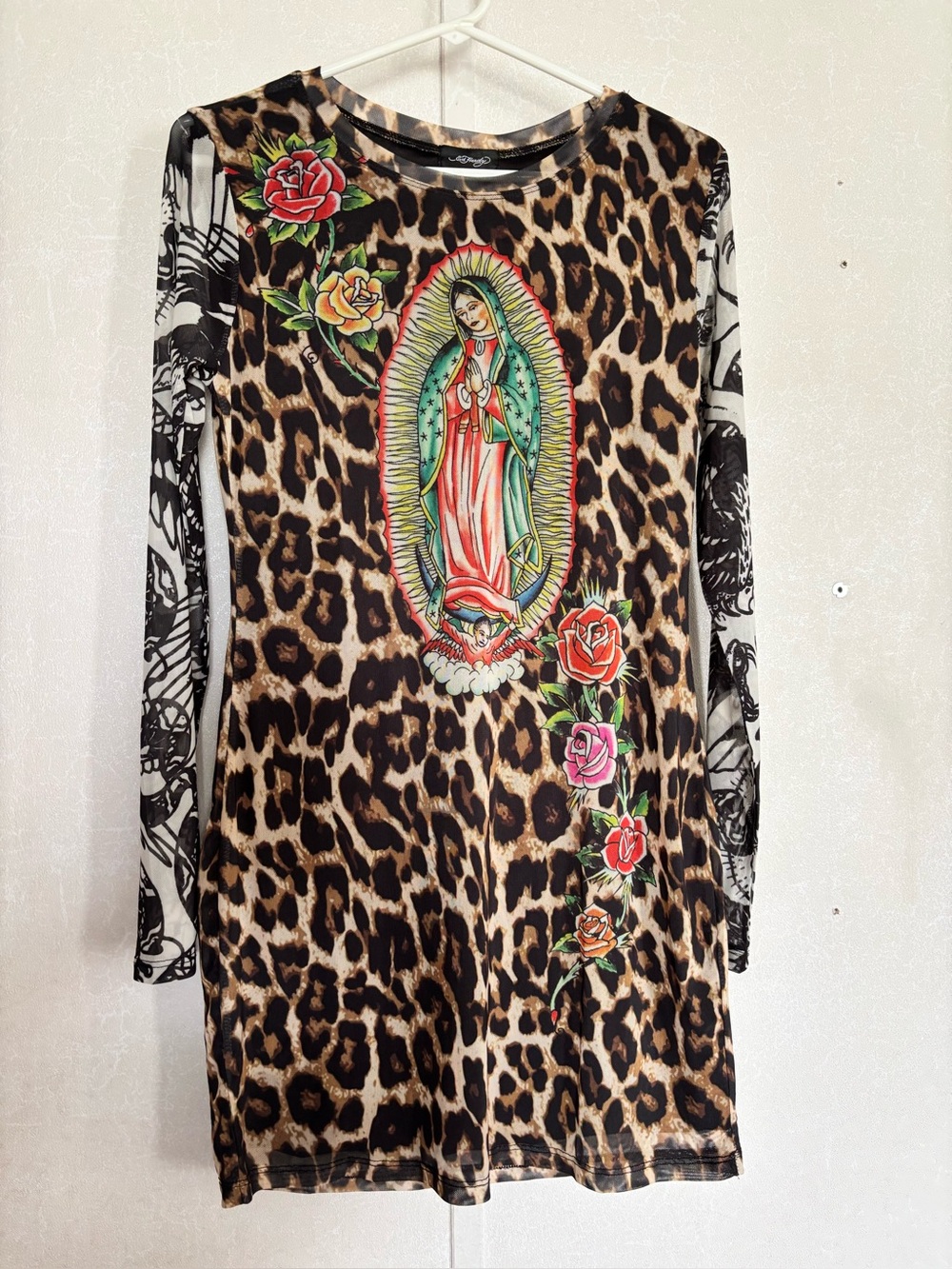 Ed Hardy  | Leopard Print Virgin Mary Long Sleeve Tunic | Size Large